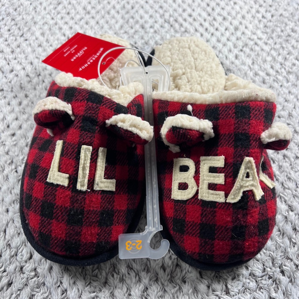 WonderShop Target Kids Lil Bear Buffalo Plaid Sherpa Lined Slippers Size 2-3 NWT
